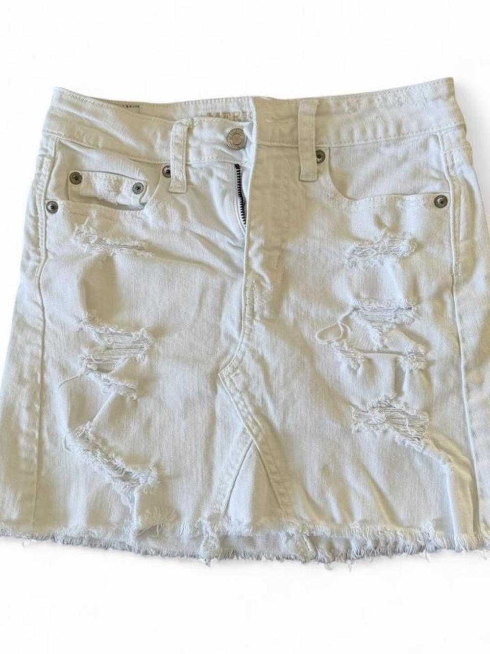 American Eagle Distressed Denim Mini Skirt White Womens 00 Frayed Hem Casual